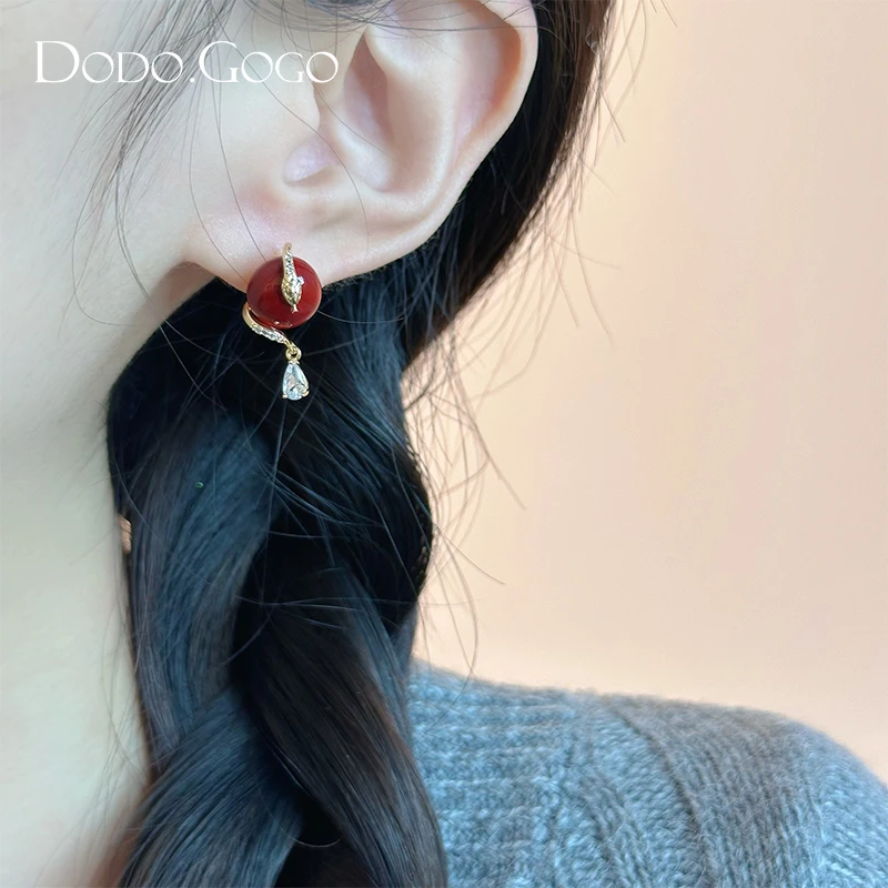 DODOGOGO 合金合成锆石耳饰 蛇形缠绕耳环百搭时尚轻奢气质耳环