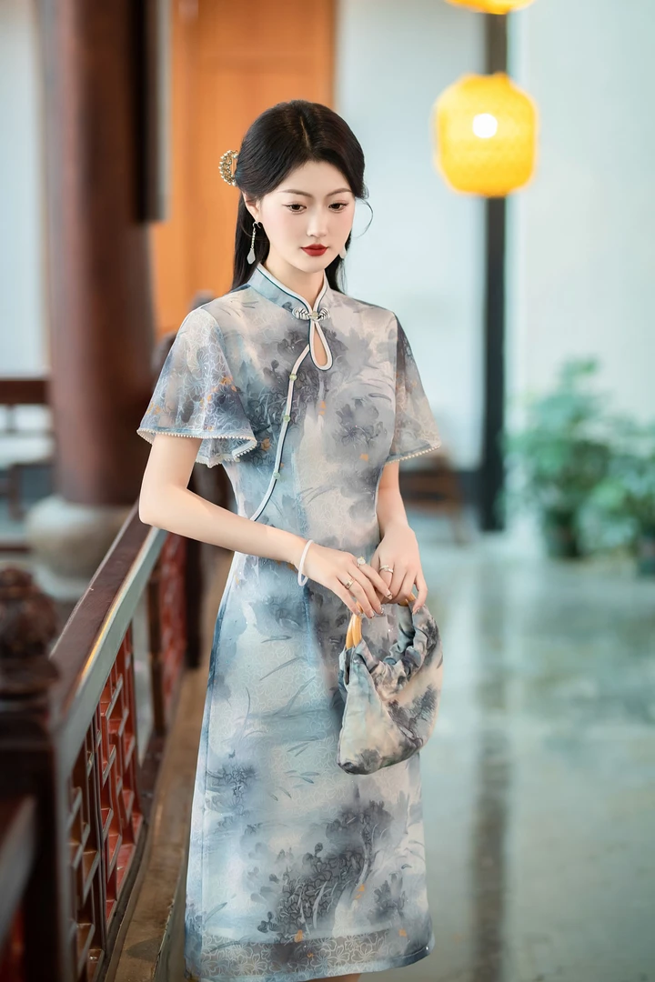 0447 渐变灰 A版 水滴领 【画艺】旗袍