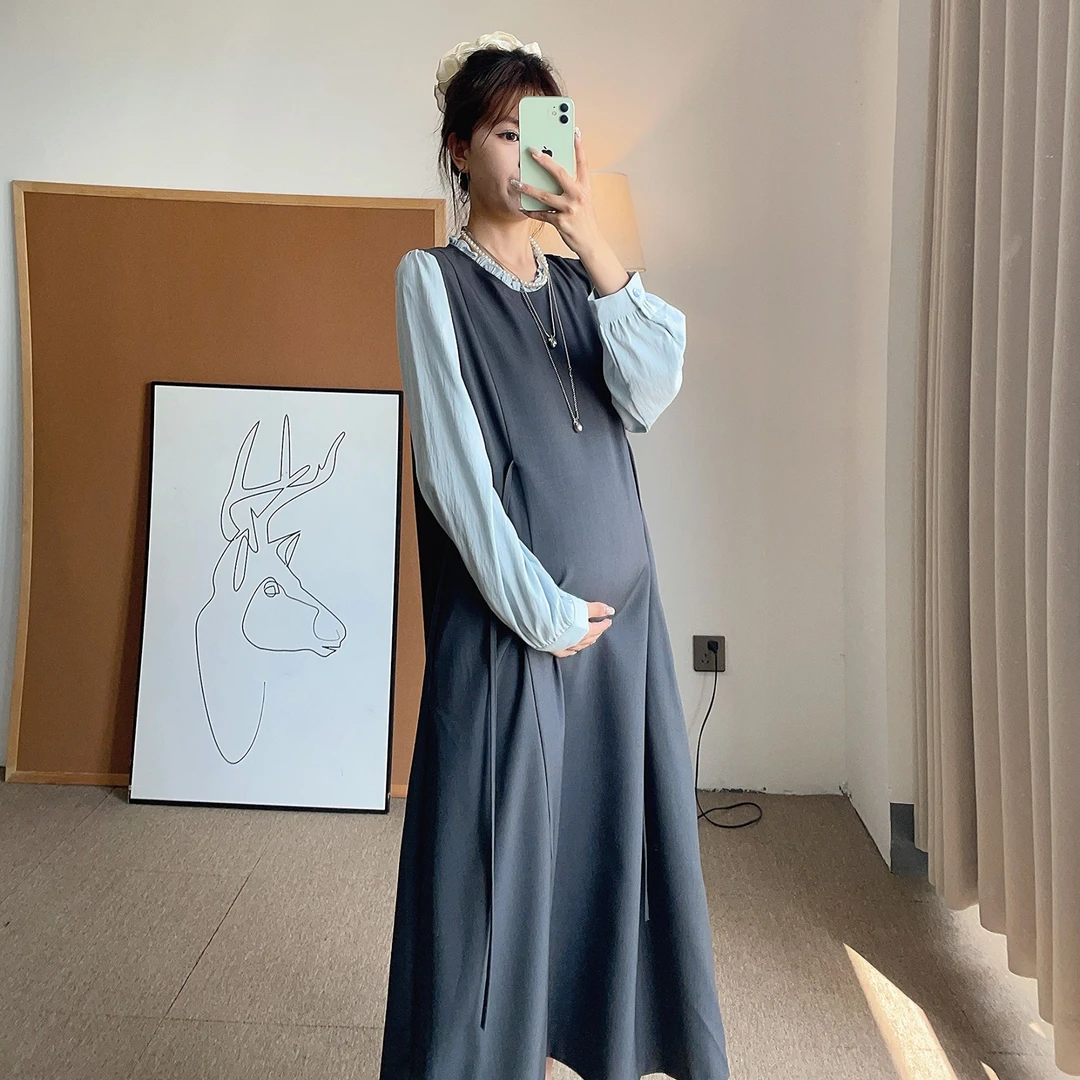孕妇装棉质2025连衣裙春秋高级感气质法式复古V领长袖拼接裙子潮