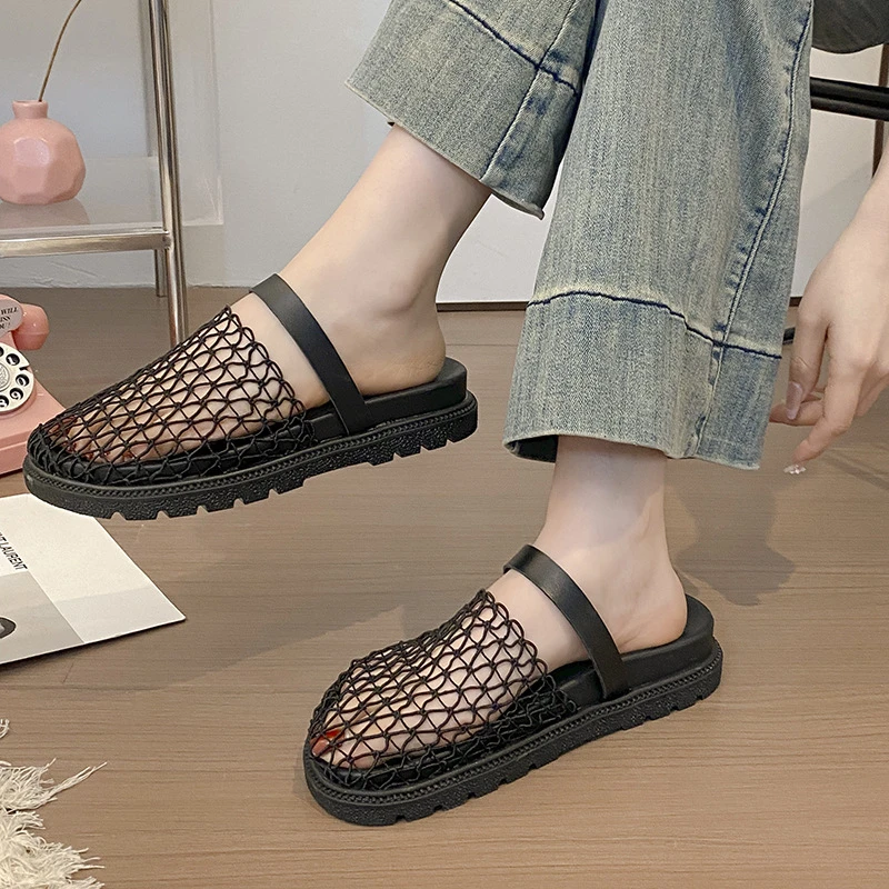 法式小众镂空透气网纱包头半拖鞋女夏季外穿一脚蹬厚底渔网凉拖鞋