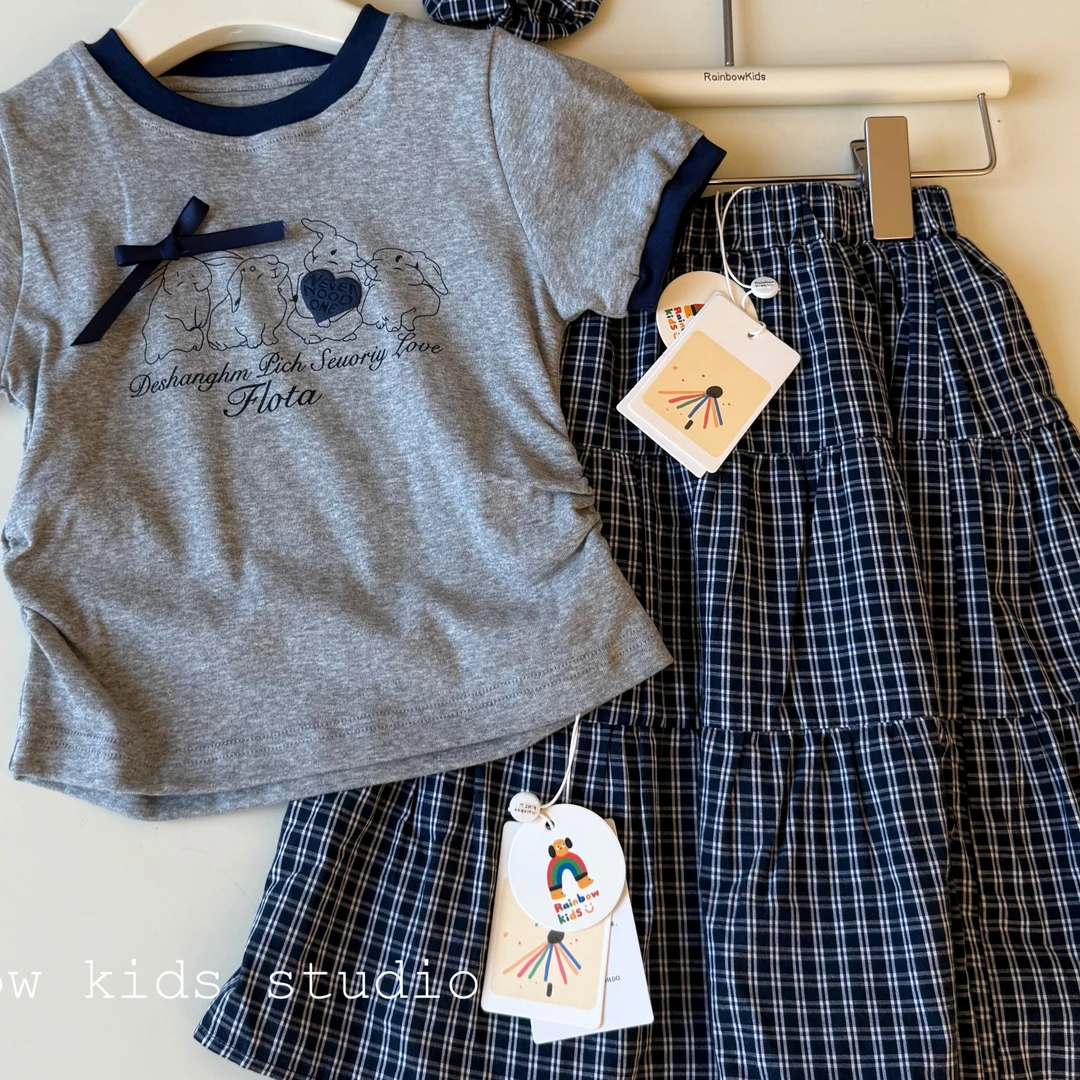 【彩虹家】2025夏款韩版小兔子蝴蝶结T半身裙套装-88478