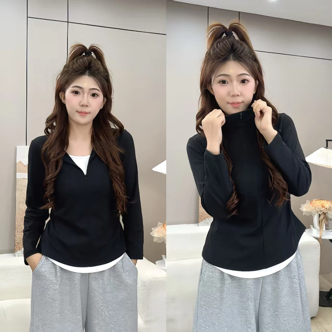 大码女装正肩遮肚藏肉假两件上衣秋冬新款修身收腰巨显瘦遮肉T恤