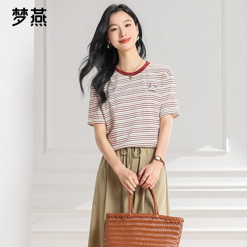 梦燕夏季女大气休闲舒适慵懒条纹气质学院风时尚T恤BC01B5047D