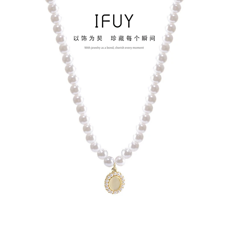 合金项链 法式复古猫眼石珍珠项链女轻奢小众高级感锁骨链