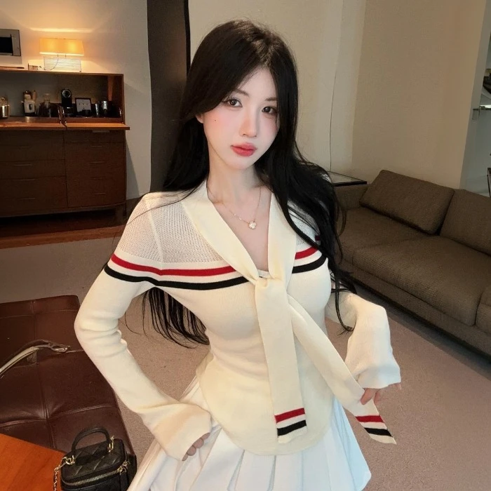 学院风披肩领带条纹针织衫女秋冬纯欲挂脖上衣百褶短裙jk制服套装