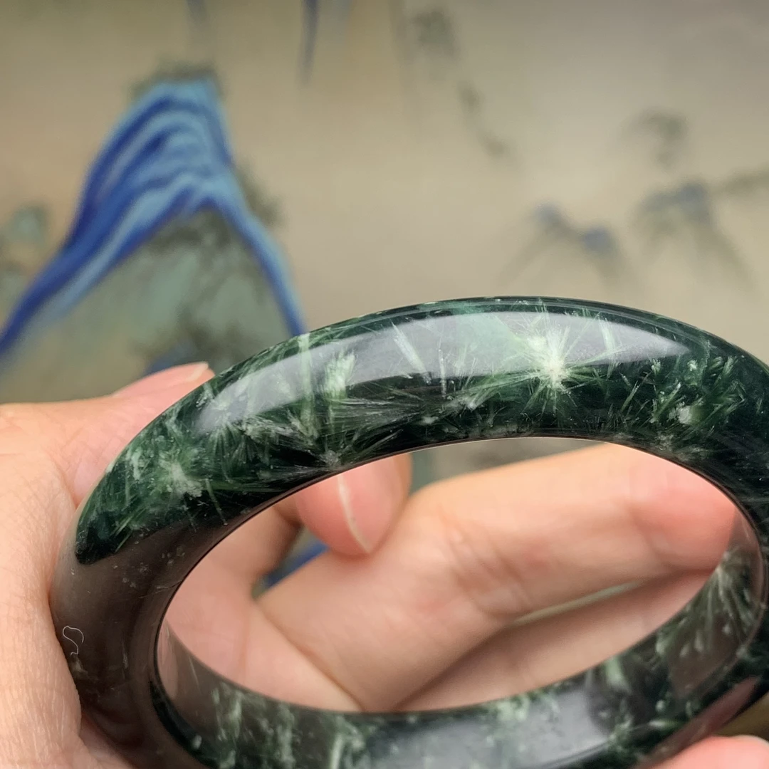 精品岫玉水草手镯墨绿501料草花手镯辽阳料手镯烟花草手镯真玉石