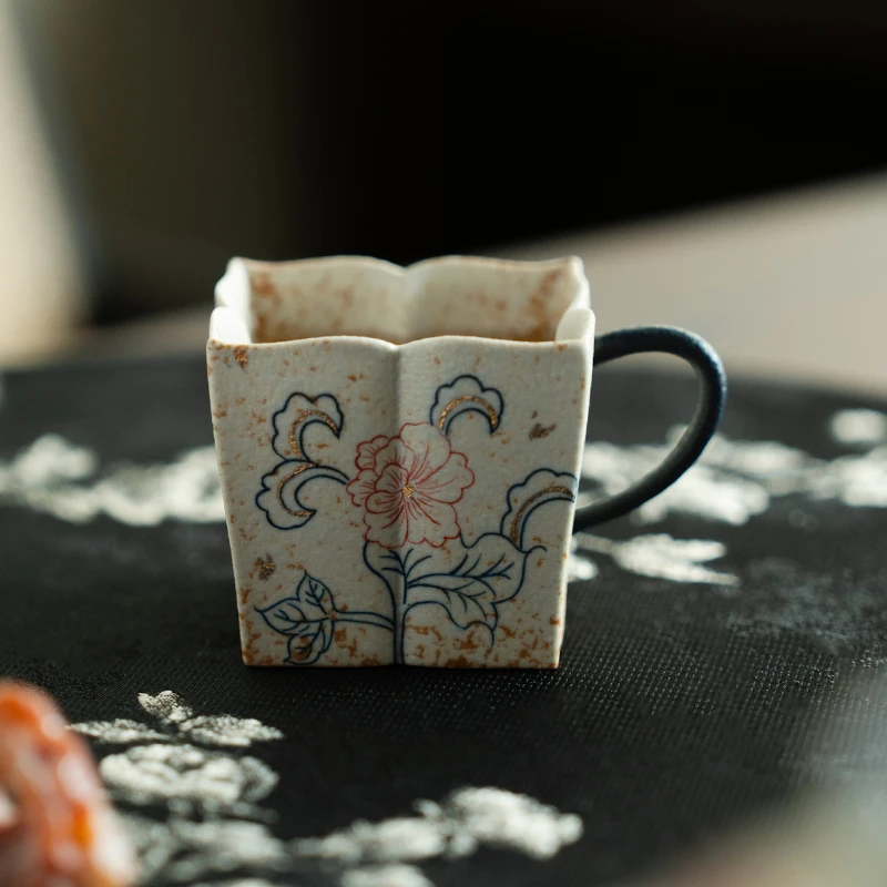 赞朴青花火石红陶瓷茶杯家用单杯主人杯带把纯手绘芙蓉花品茗杯