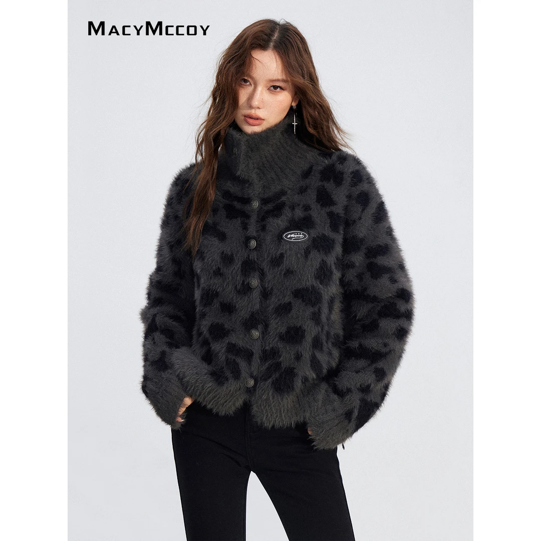 MacyMccoy水貂绒豹纹毛衣女冬季设计感亲肤软糯翻领/立领保暖上衣