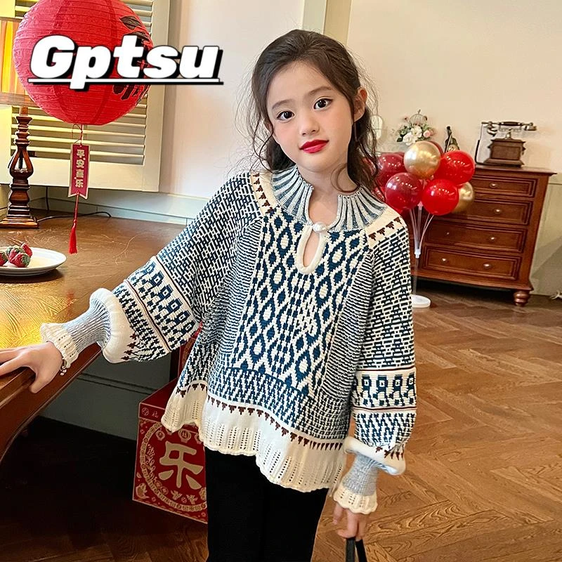 GPTSu时尚童装女童民族风蓝色毛衣春儿童宝宝高领撞色时髦针织衫