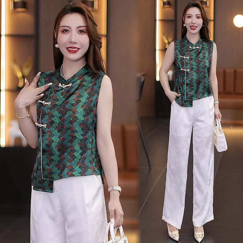 2025夏季新款新中式高定重工印花国风无袖上衣直筒阔腿裤时尚套装