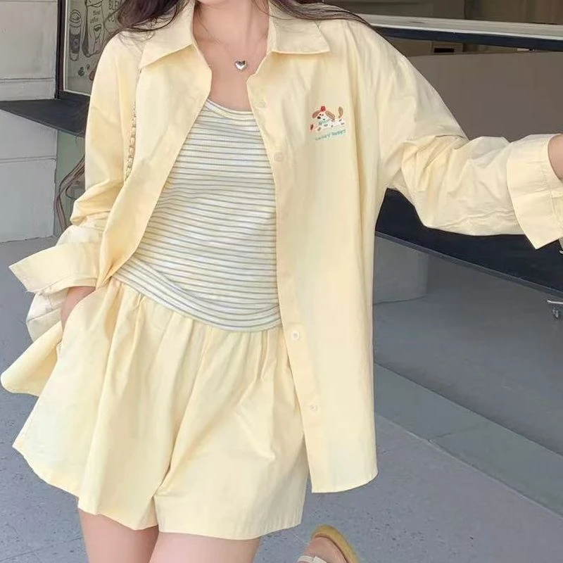 【哩哩】休闲三件套女大码新款夏季条纹背心吊带衬衫阔腿裤显瘦套