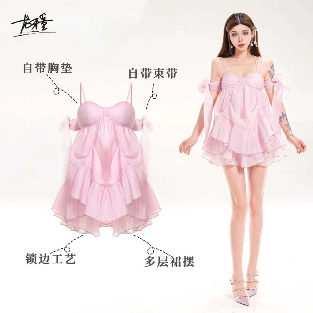 龙牙童推荐【朝花夕拾】显瘦法式休闲连衣裙公主性感少女一字肩露肩