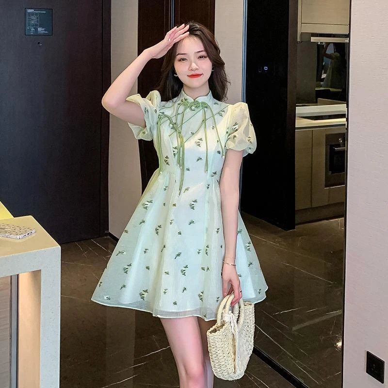 新中式旗袍小个子连衣裙子夏季2025年新款泡泡袖女装短袖高端气质