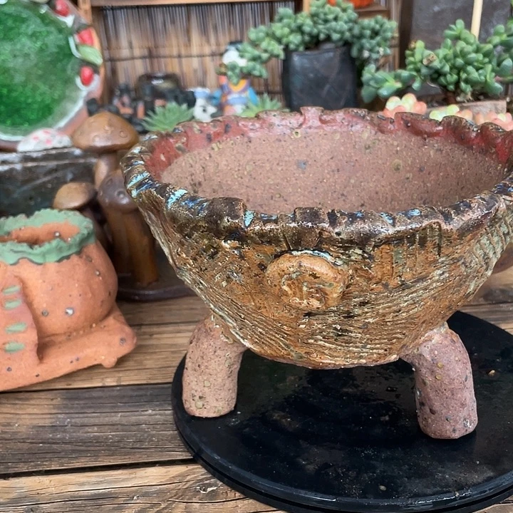 手工粗陶高温花盆处理