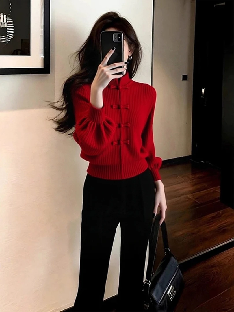冬季高端时髦洋气氛围感盘扣立领毛衣百搭高级感新中式红色针织衫