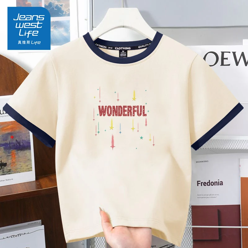 真维斯无界2025初夏撞色女圆领T恤小个子休闲时尚短袖宽松百搭