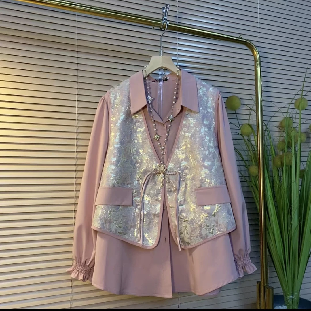 芃9101（烫金衬衫）春季大码女新中式国风盘扣烫金马甲＋衬衫俩件套