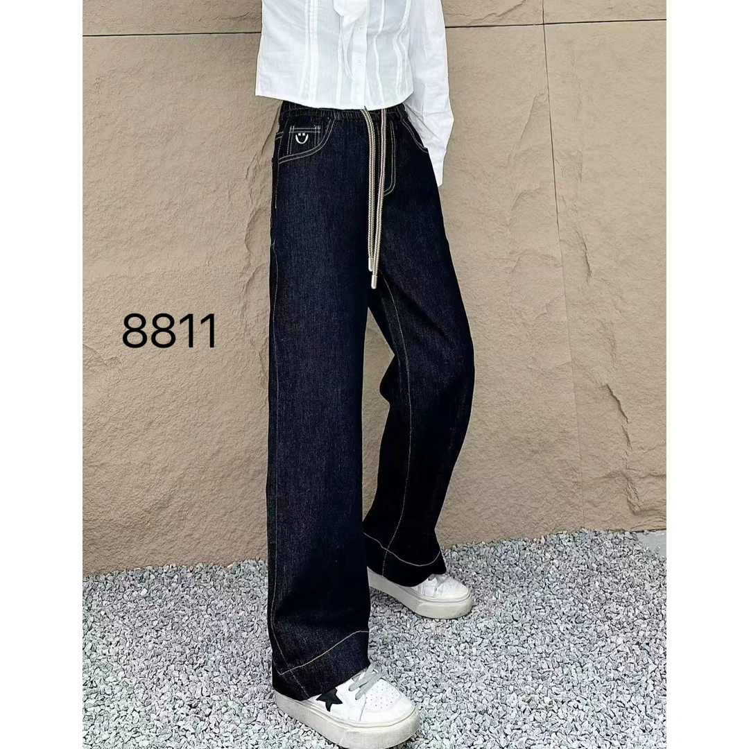 春季新款女士百搭时尚高级感宽松显瘦减龄休闲经典系绳直筒牛仔裤