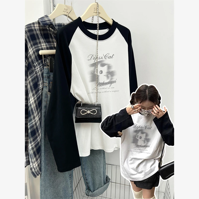 韩系简约趣味印花拼接款插肩袖撞色大码女装长袖T恤衫宽松上衣ins