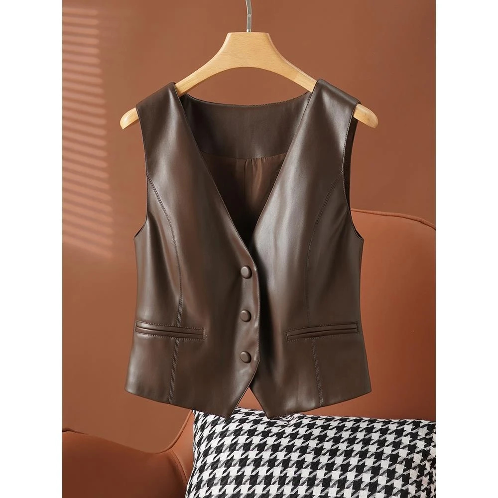 皮衣背心女性短款修身Look 今年秋季简单多用途小V领马甲山羊皮背