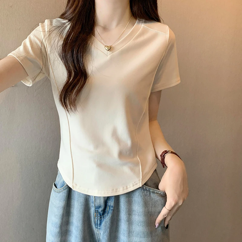 韩版不规则下摆修身内搭领短袖恤女夏季收腰打底衫纯欲短款上衣