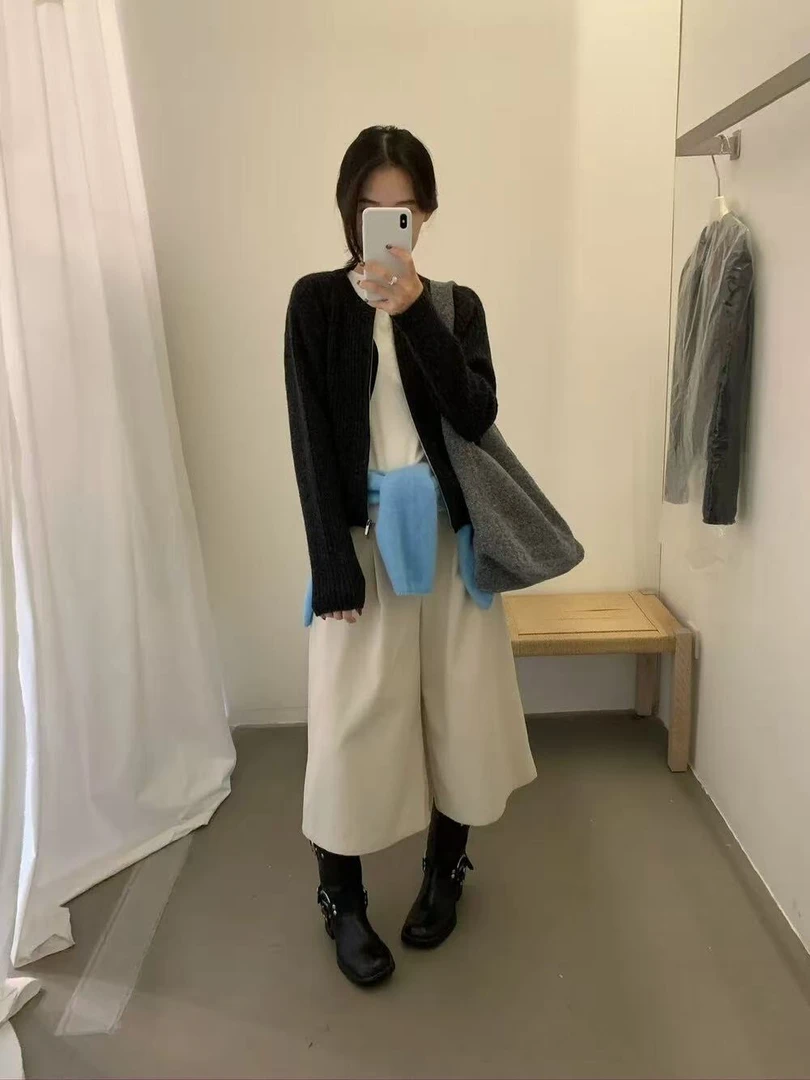 Datou·爆款！ 韩系气质显瘦圆领简约百搭双拉链开衫毛衣上衣女