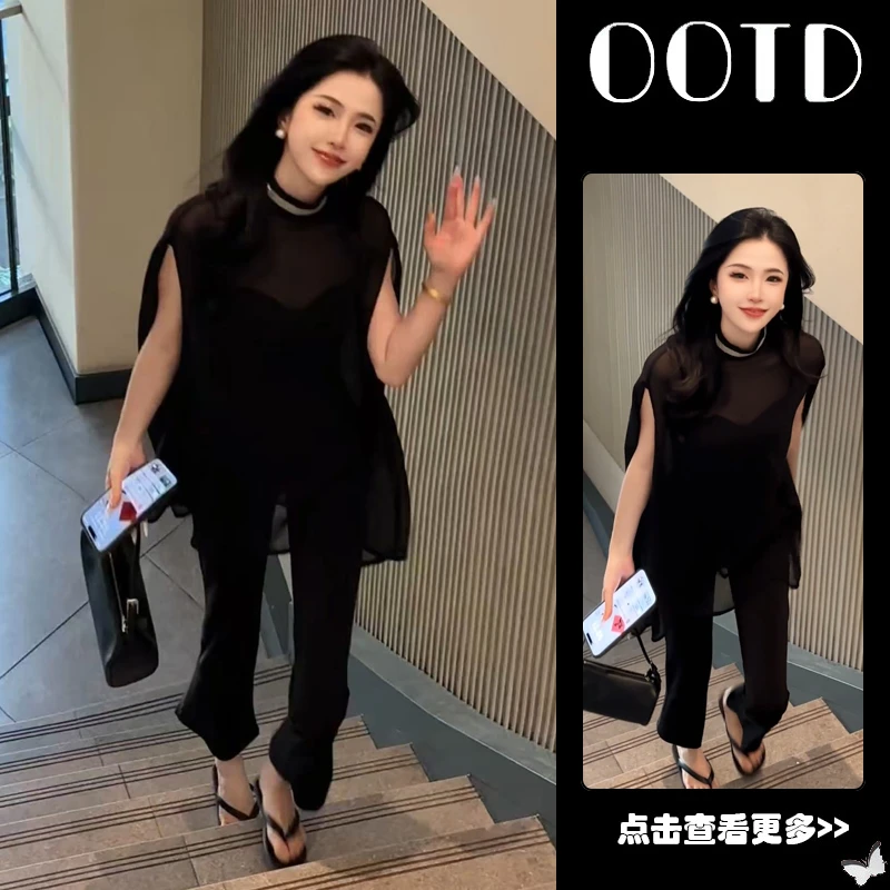 【现货】夏季穿搭一整套女装2025新款韩系气质小衫吊带微喇裤三件套