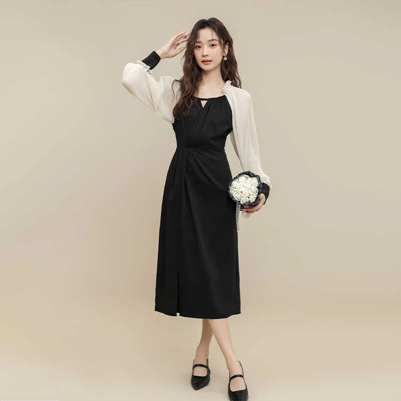 琦琦微胖定制~显瘦藏肉中长裙法式气质连衣裙新款长袖裙子LWP180