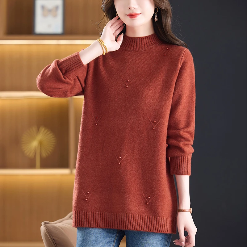 钉珠打底衫冬季中长款遮屁股上衣时尚大码女装显瘦洋气半高领毛衣