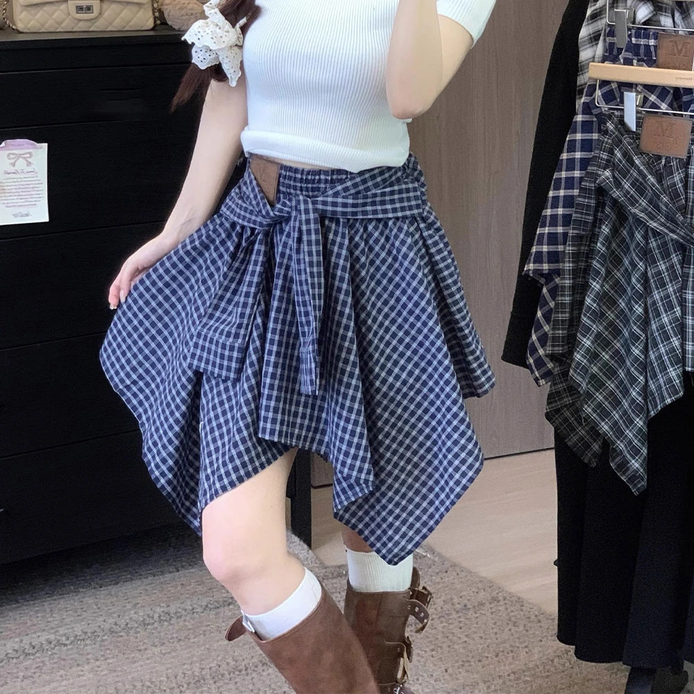 设计感不规则绑带半身裙女夏季甜辣妹蓝色格子短裙高腰百搭a字裙