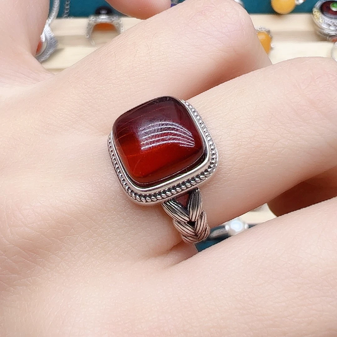 血珀戒指银S925镶嵌天然
