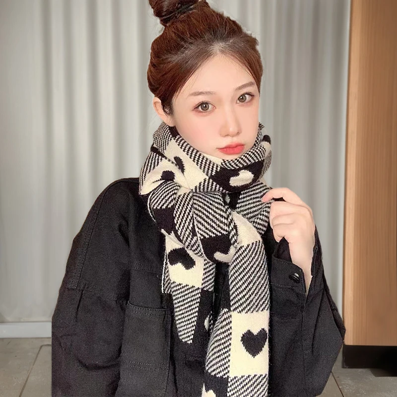 心形围巾女秋冬季纯色针织保暖毛线围脖学生甜美可爱情侣爱心格子