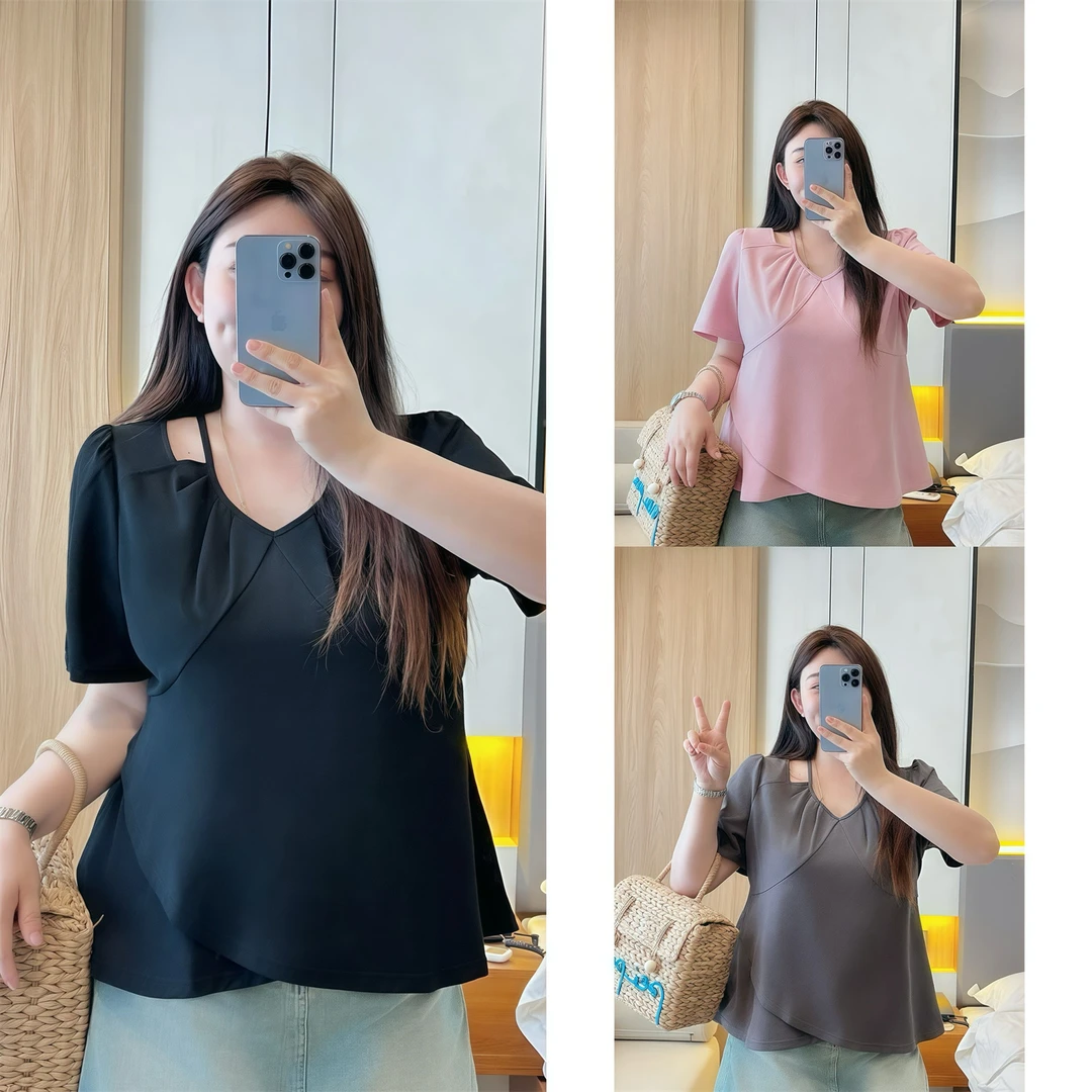 断码捡漏~葡萄汽水 / 设计感修身遮肉显瘦t恤14879花契大码胖mm