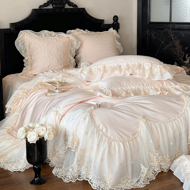 皇后娘娘  法式轻奢婴儿绒四件套公主风蕾丝花边双面绒床盖款床品