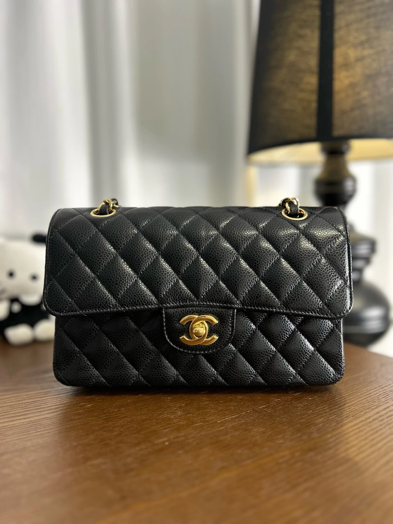 99新 Chanel/香奈儿 cf黑金荔枝牛皮小号手提单肩斜挎包芯片款
