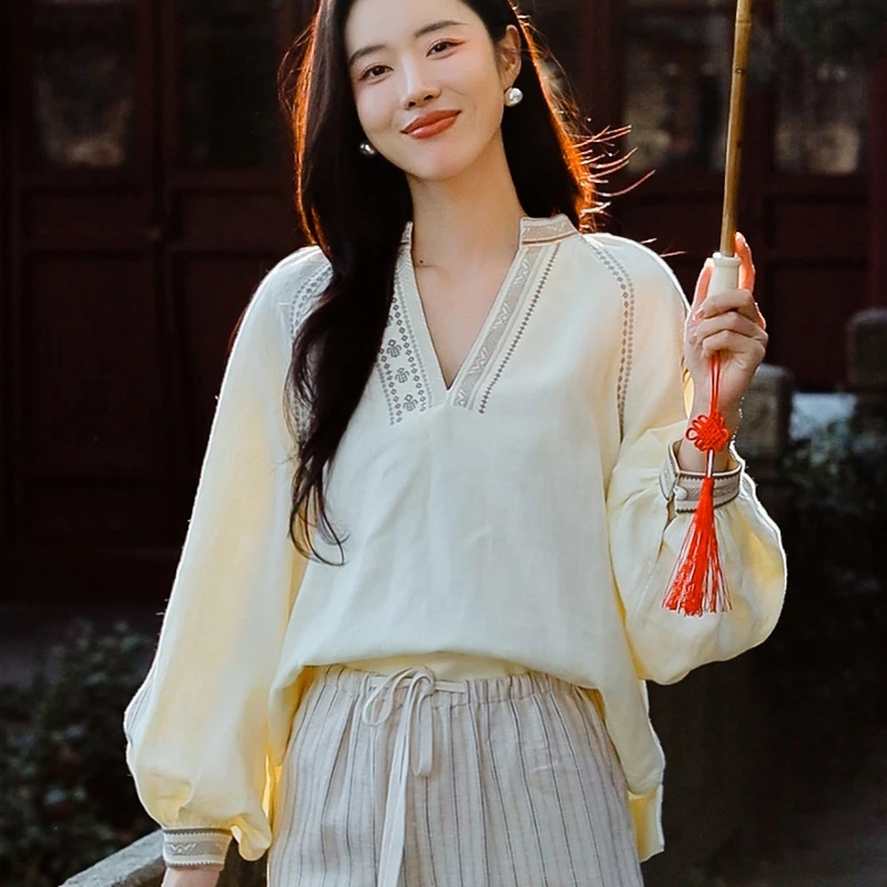 复古日记“风旅”波西米亚风绣花法国进口雨露麻衬衫25EC462