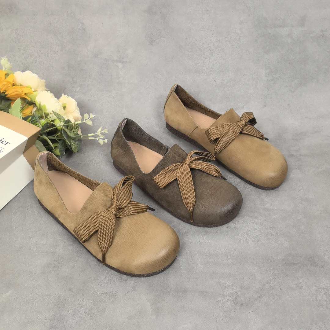 四季鞋2025春季新款头层牛皮圆头软底系带森系真皮复古休闲单鞋女