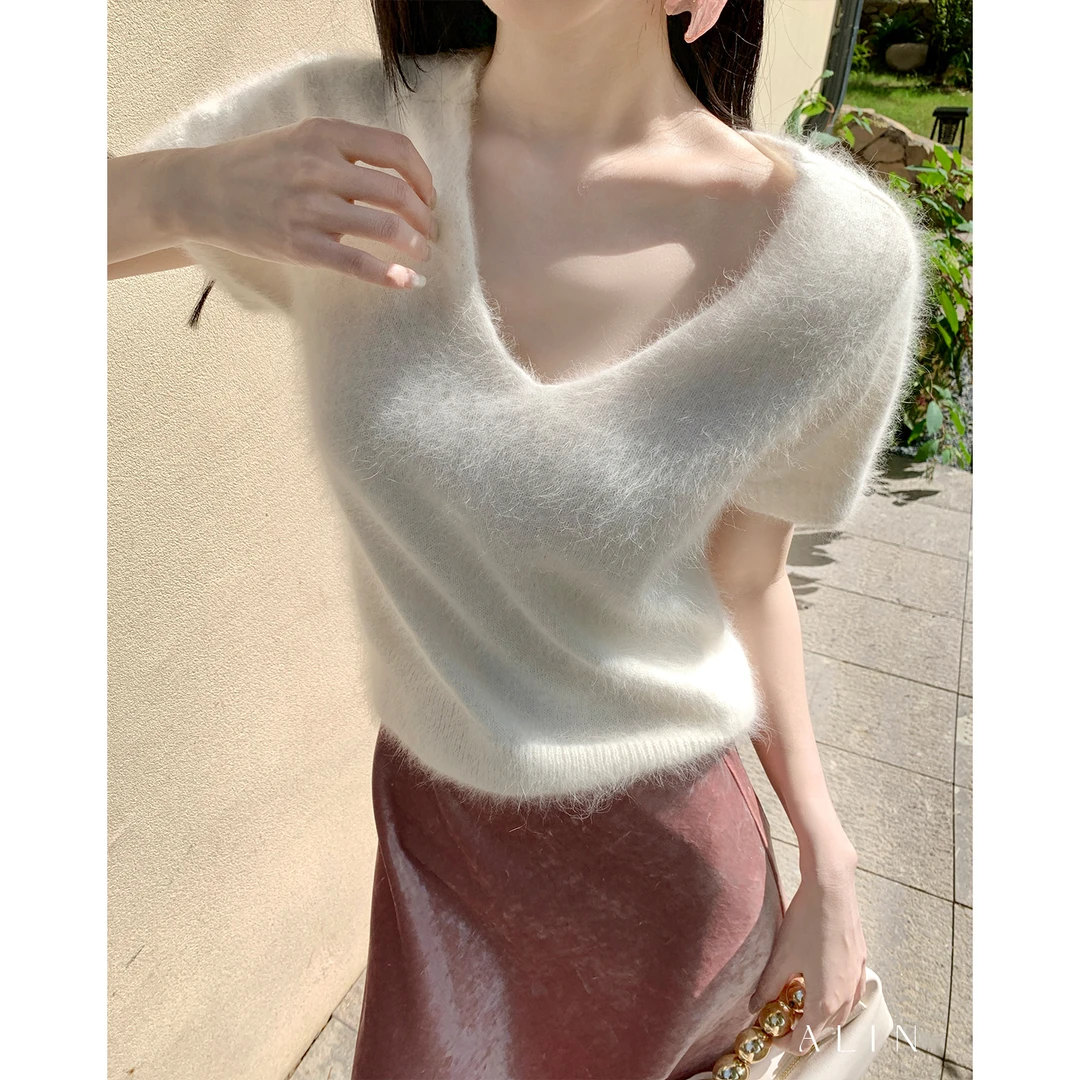 阿琳ALIN【赤兔】慵懒风兔毛V领针织衫女韩系宽松百搭毛衣AL5FZT13