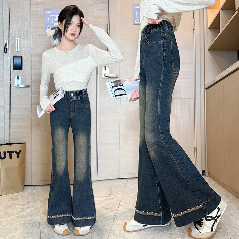 女童秋装裤子2025新款洋气秋季中大童小女孩喇叭裤儿童刺绣牛仔裤