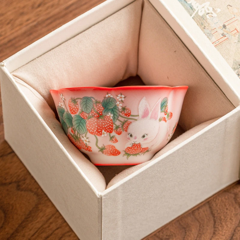 汝瓷凝脂朱粉兔子花瓣主人杯女士高档个人专用功夫小茶杯杯碟套装