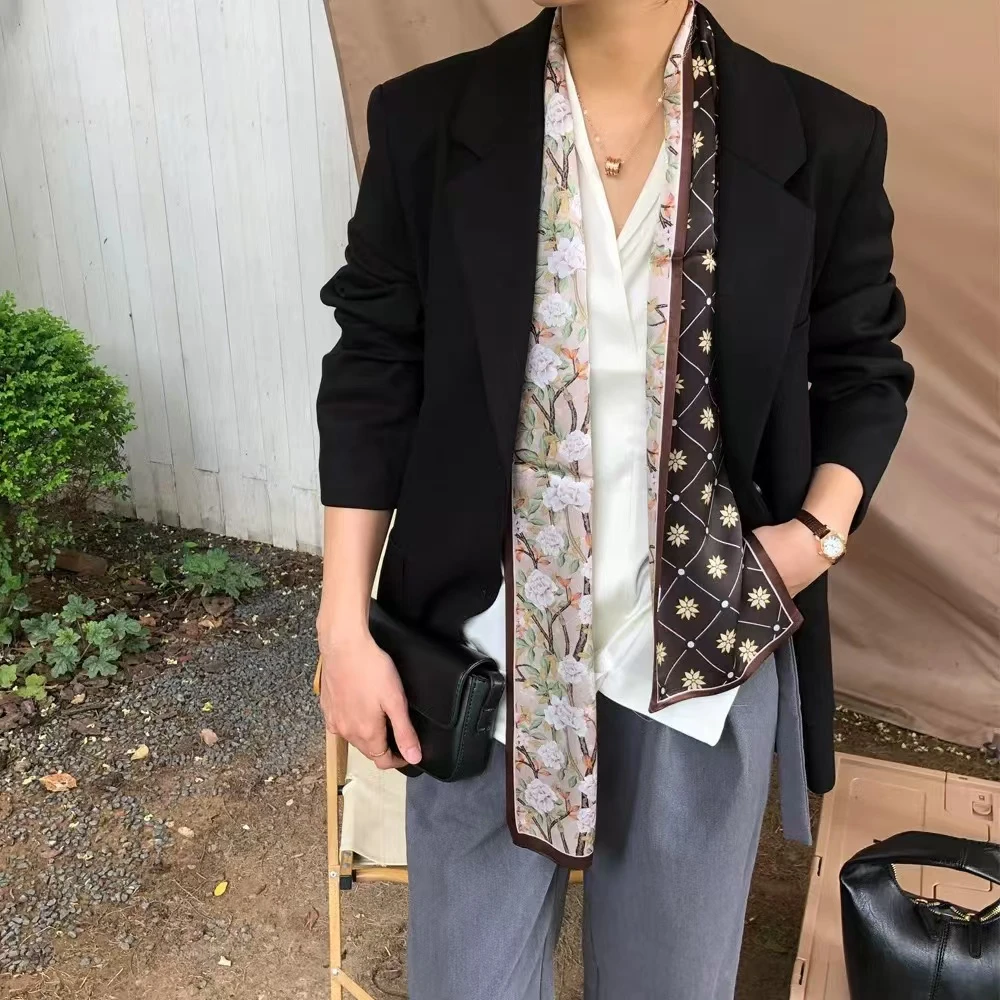 100%桑蚕丝【浪漫山茶】145x16cm长飘带双层真丝丝巾时尚女士G532