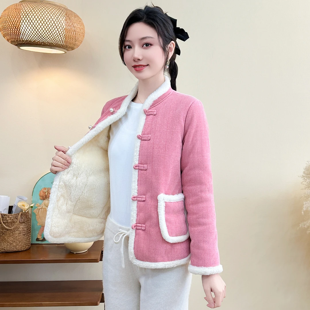 网红新中式冬季加绒加厚外套棉衣时尚新款棉袄保暖棉服