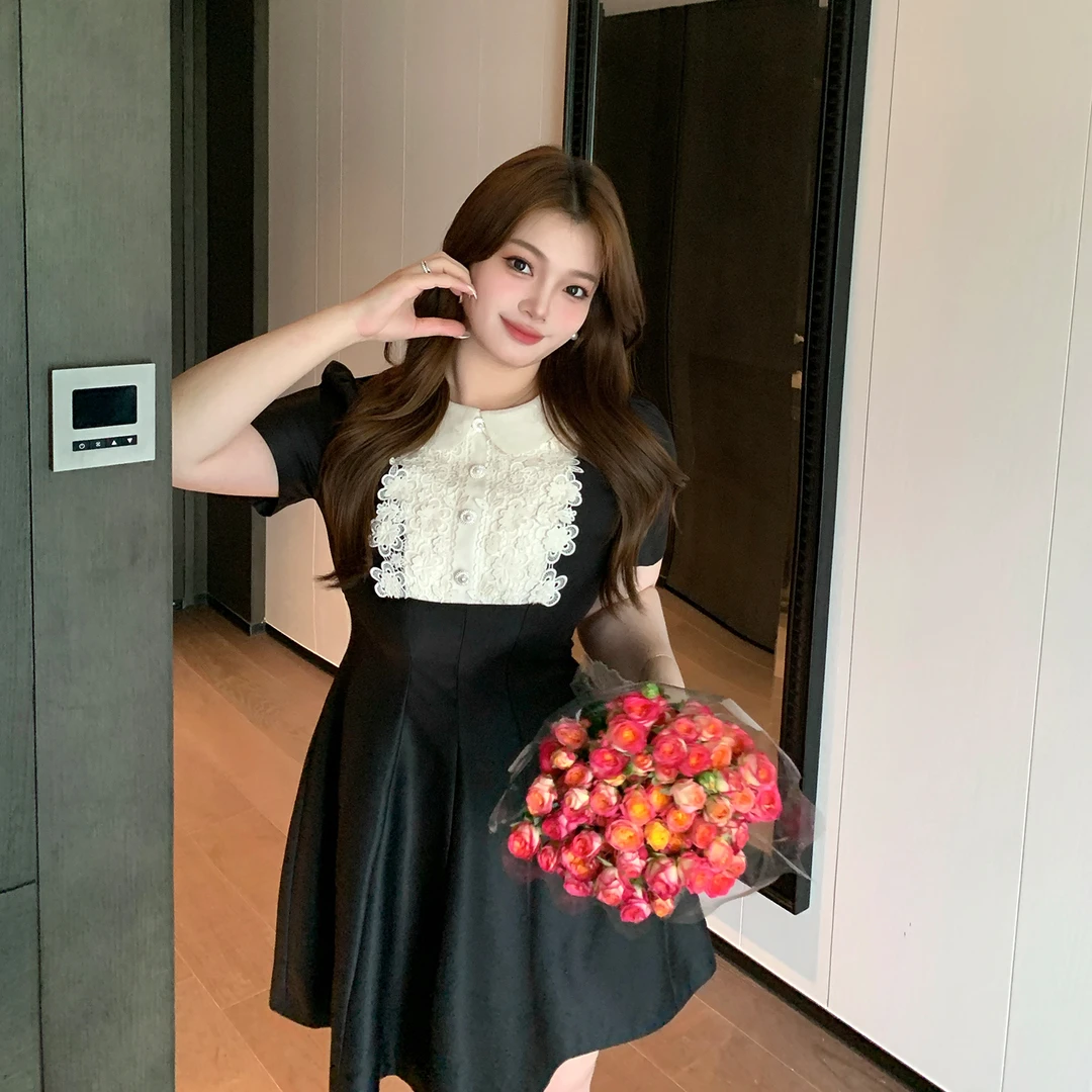 MB大码女装【可盐可甜】miu系千金重工蕾丝拼接娃娃领礼服连衣裙