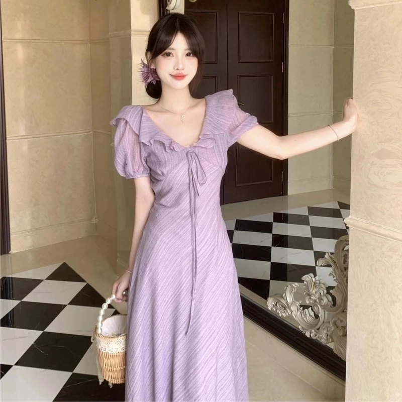 2025夏季气质法式温柔风泡泡袖连衣裙高级感显瘦度假风长裙女