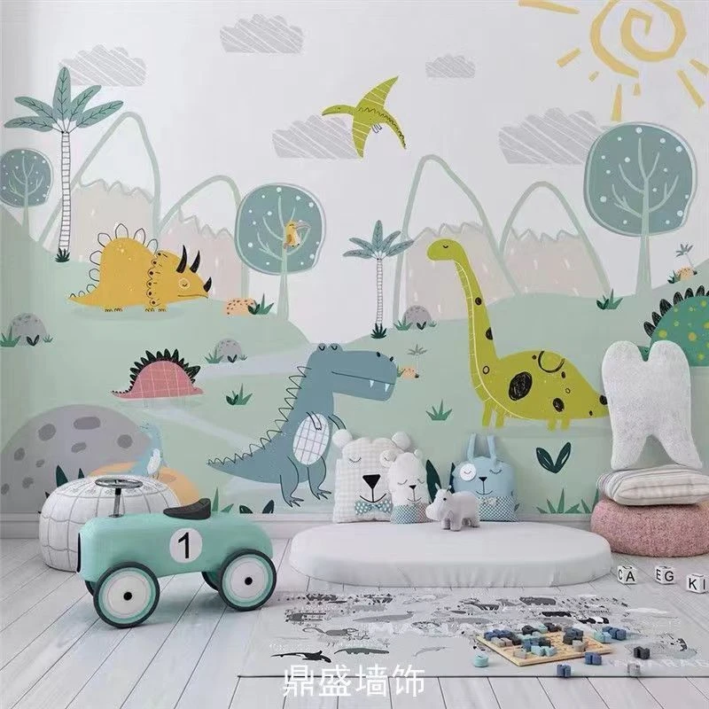 卡通恐龙儿童房壁纸男孩卧室女孩动物幼儿园墙布背景墙游乐园墙纸