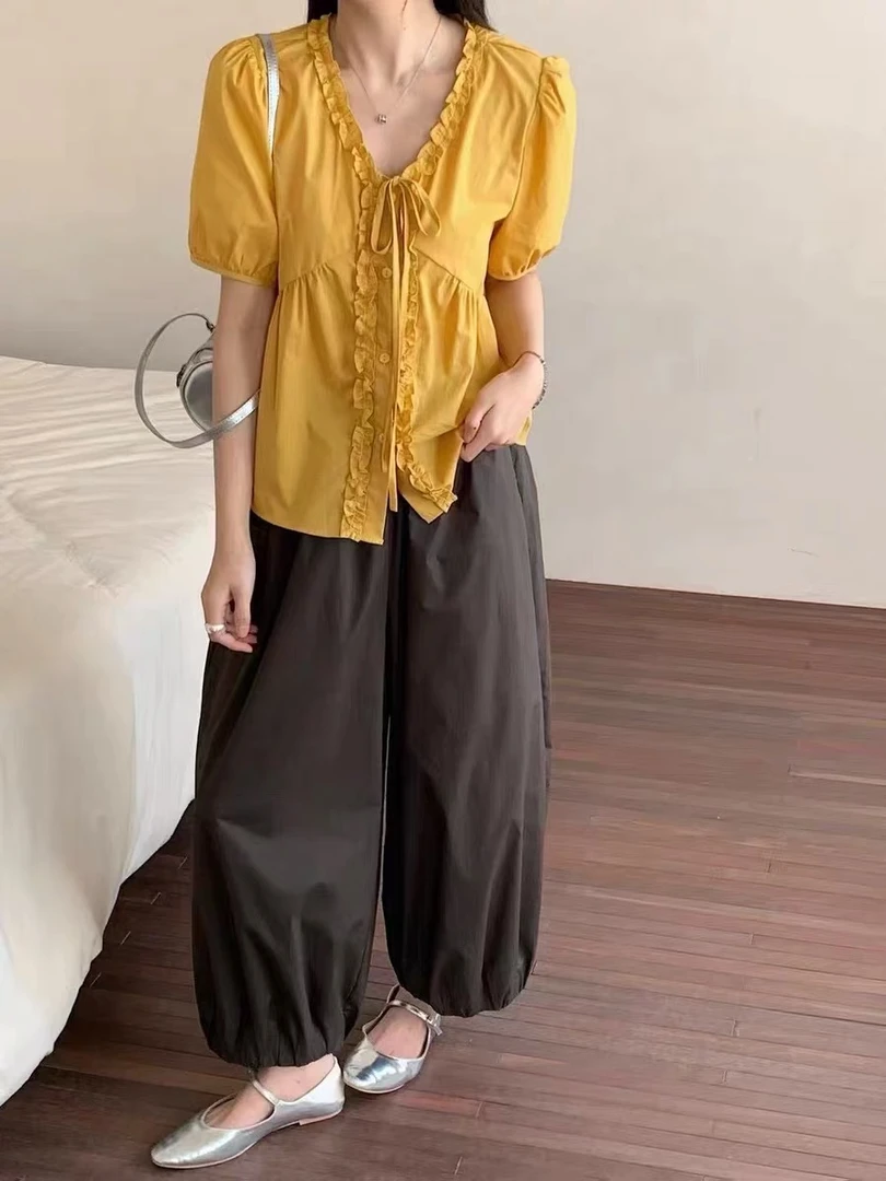 宽松慵懒风花苞灯笼纸皮裤8808