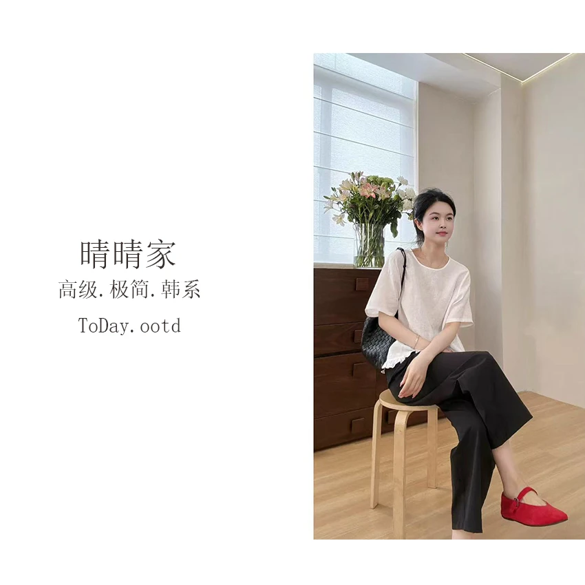 晴晴家-【舒适区苎麻系列】韩系百搭气质木耳边苎麻短袖T恤5509