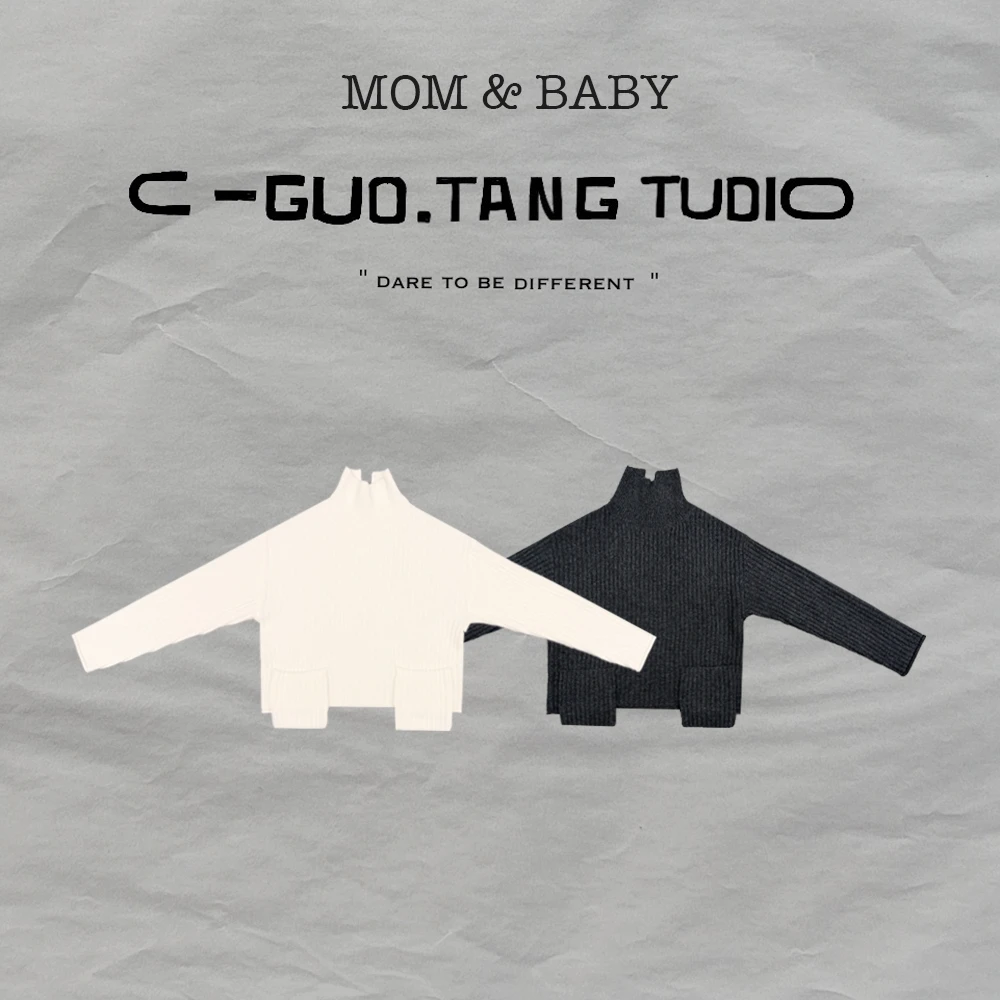 C-Guo.Tang Studio时髦韩系全羊毛竖条休闲两面穿小口袋白色毛衣
