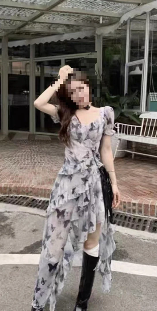 【长款】大码不规则女夏季新款法式气质性感收腰碎花长连衣裙裙2868