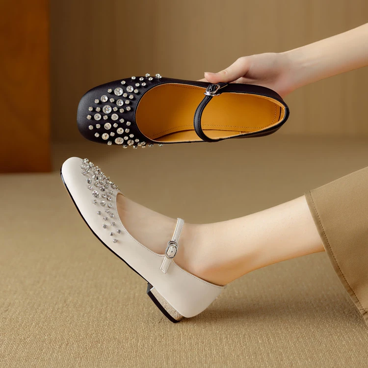 小羊皮米白色玛丽珍鞋女低跟平底鞋女软底舒适水钻浅口单鞋女圆头